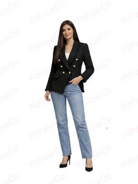 ZARA Woman Black Bouclé Tweed Double-Breasted Blazer Size S Gold Buttons